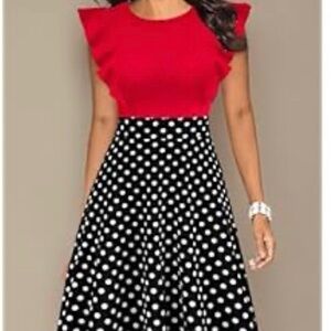 Elegant Red and Black Polka Dot Midi Dress